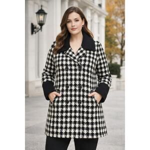 Worthington Womens XL Houndstooth Wool-Blend Coat Black & White Double-Breasted